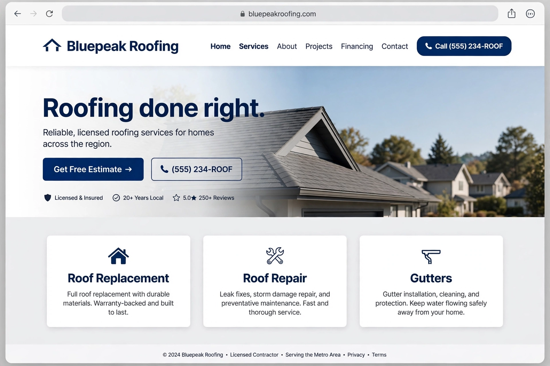 Sample homepage mockup for a fictional roofing business